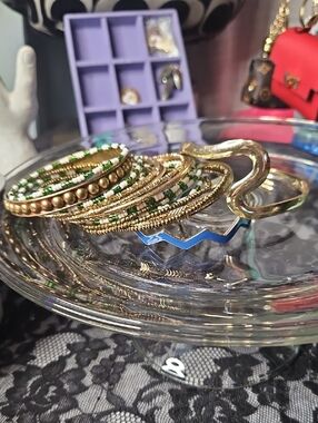 Gold and Green Beaded Stackable Bangle Bracelets - Women Jewelry